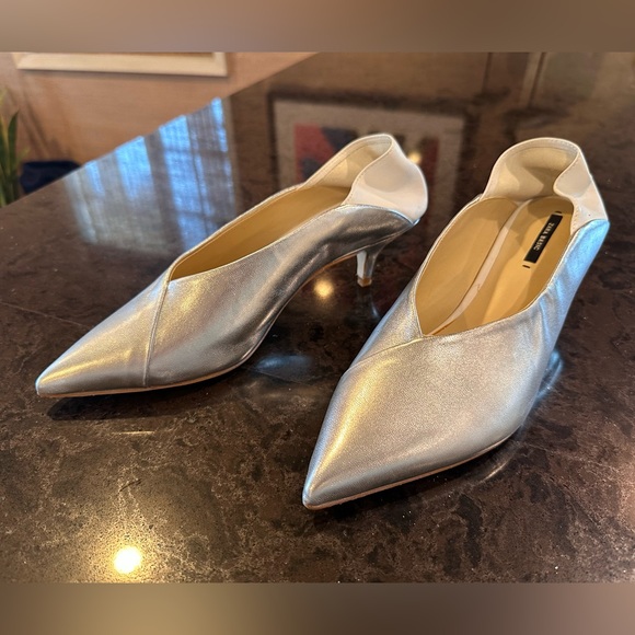Zara V Cut Silver leather heels / mules size 8 - Picture 1 of 15